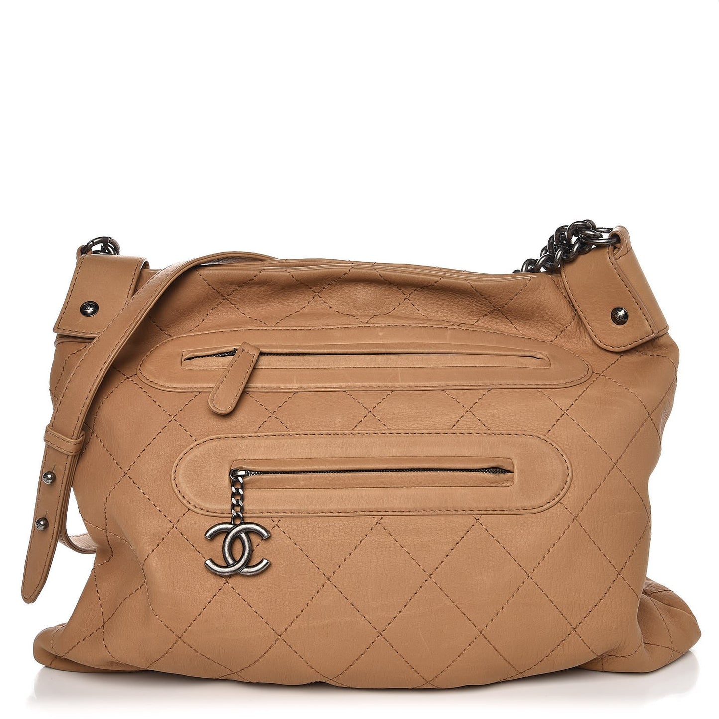 Calfskin Stitched Double Zip Hobo Beige