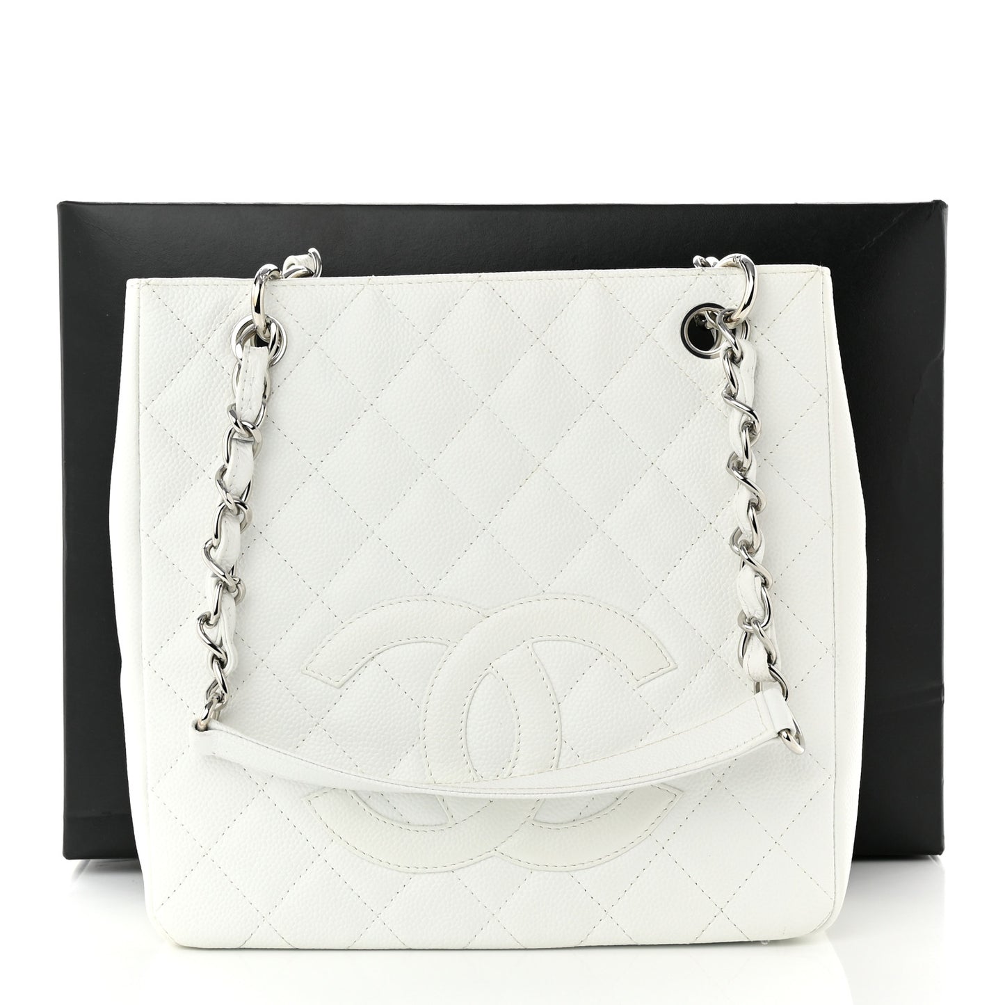 Caviar Quilted Petit Shopping Tote PST White