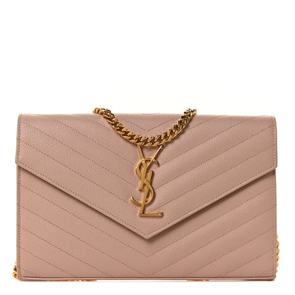 Saint Laurent Grain De Poudre Matelasse Chevron Monogram Chain Wallet Pale Pink 1 of 9