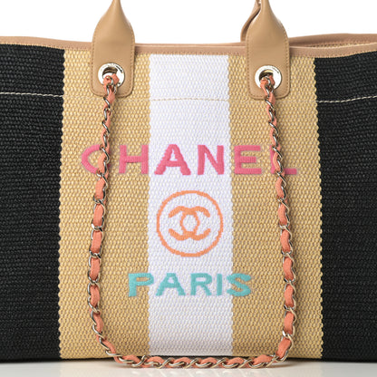 Chanel Straw Raffia Calfskin Striped Medium Deauville Tote Black Beige Ivory 8 of 12