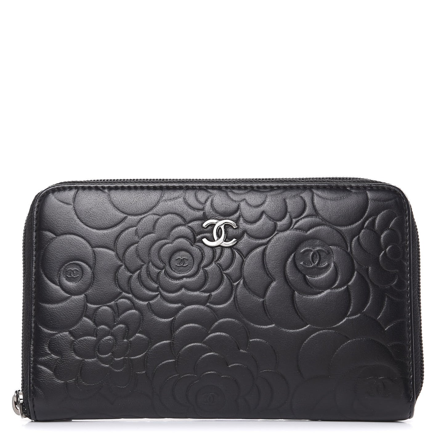 Lambskin Camellia Embossed Zip Around Organizer Wallet Black