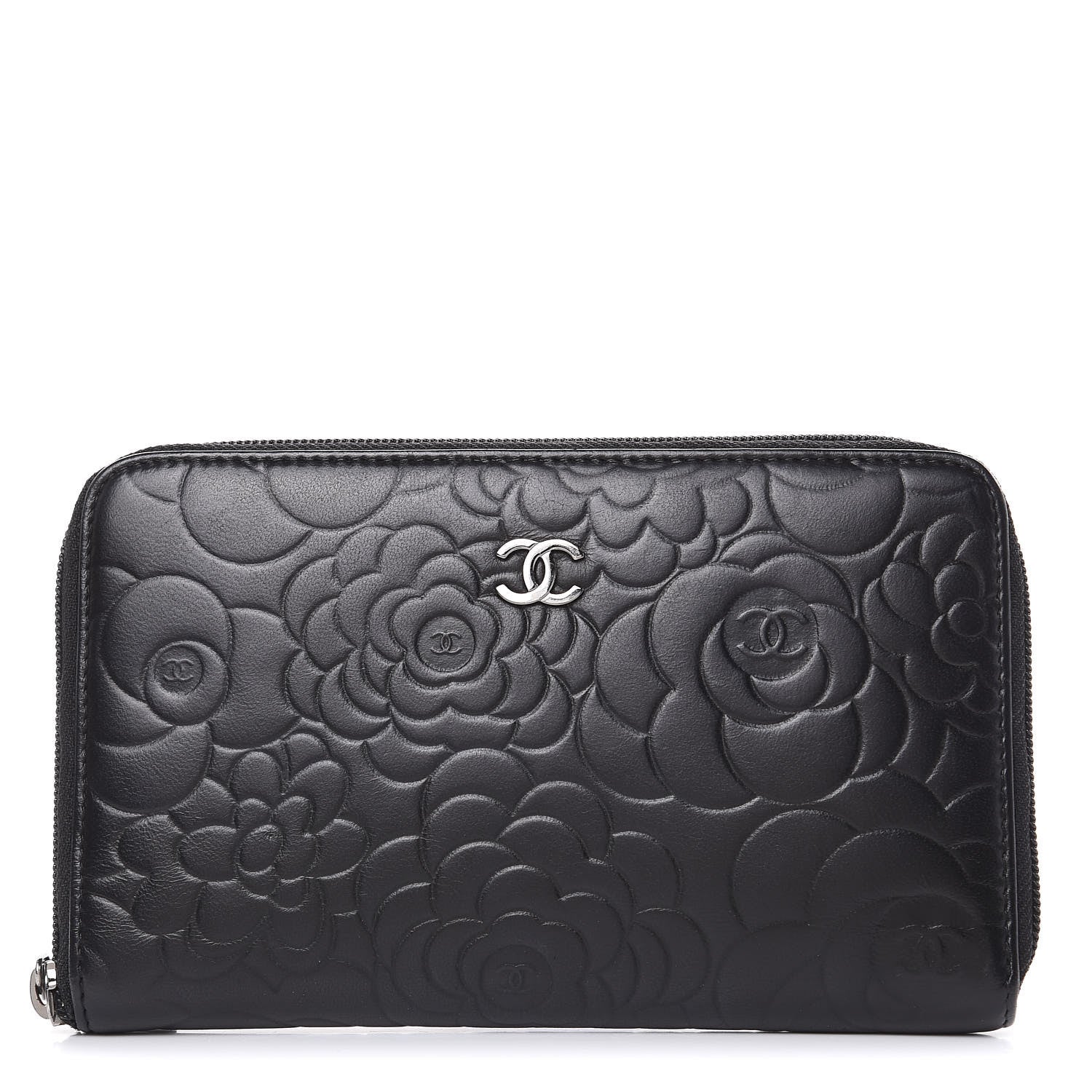 Chanel Lambskin Camellia Embossed Zip Around Organizer Wallet Black 1 of 15