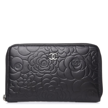 Chanel Lambskin Camellia Embossed Zip Around Organizer Wallet Black 1 of 15