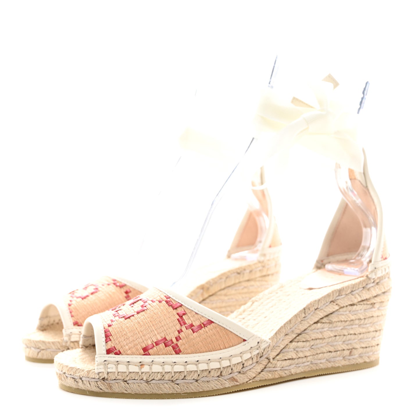 GG Raffia Monogram Ankle Wrap Platform Espadrille Wedge Sandals 38 Beige