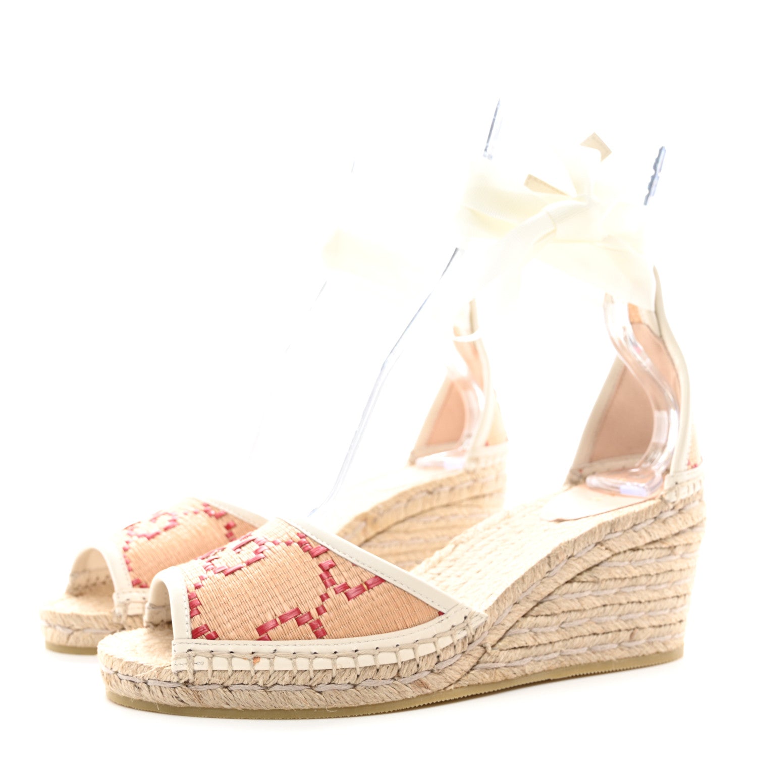 Gucci GG Raffia Monogram Ankle Wrap Platform Espadrille Wedge Sandals 38 Beige 3 of 11