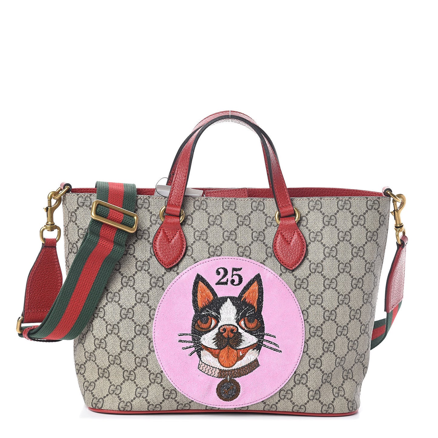 Soft GG Supreme Monogram Web Bosco Patch Small Crossbody Tote Beige Malva Hibiscus Red