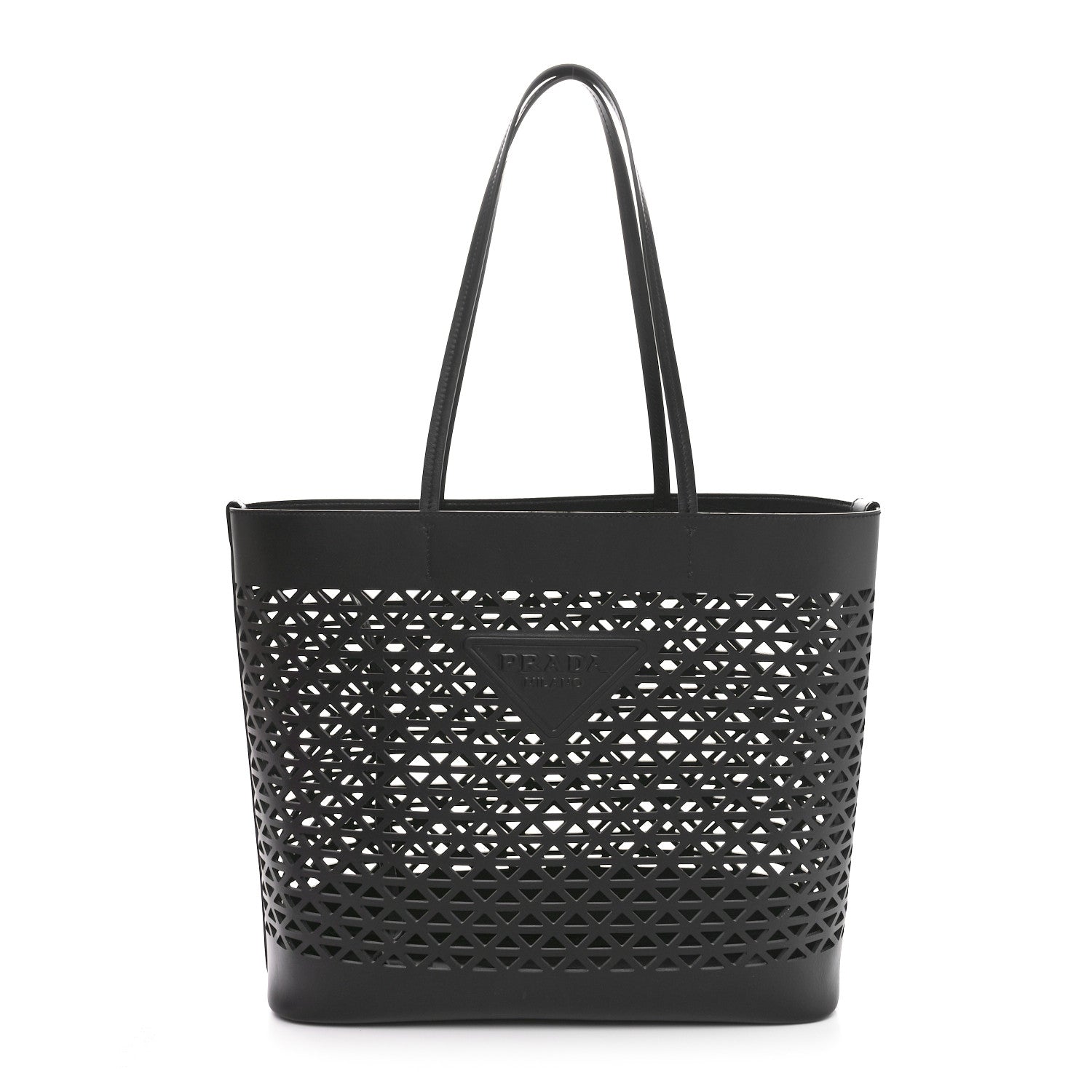 Prada City Calfskin Perforated Triangle Tote Black 1 of 10