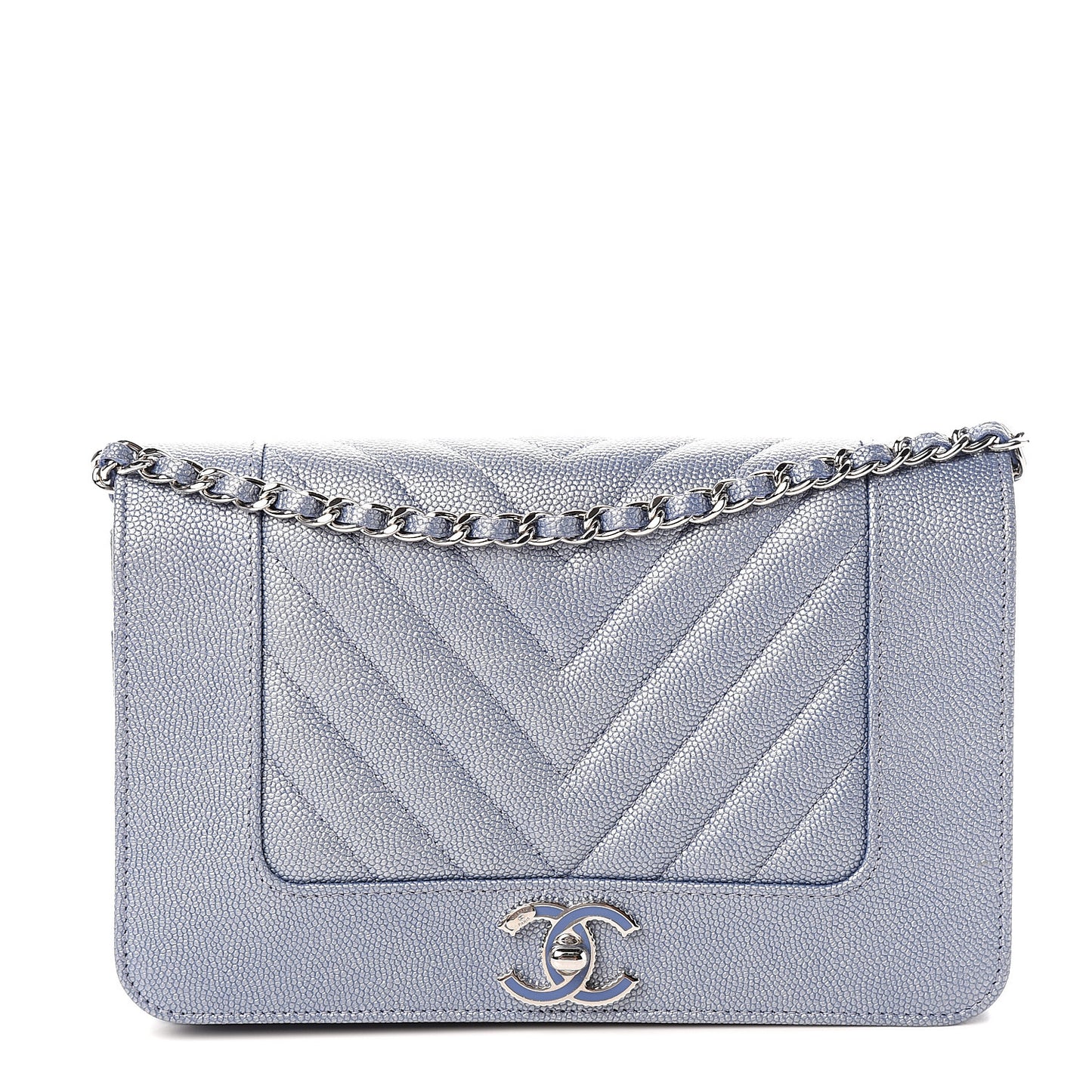 Metallic Caviar Chevron Quilted Vintage Mademoiselle Wallet On Chain WOC Blue