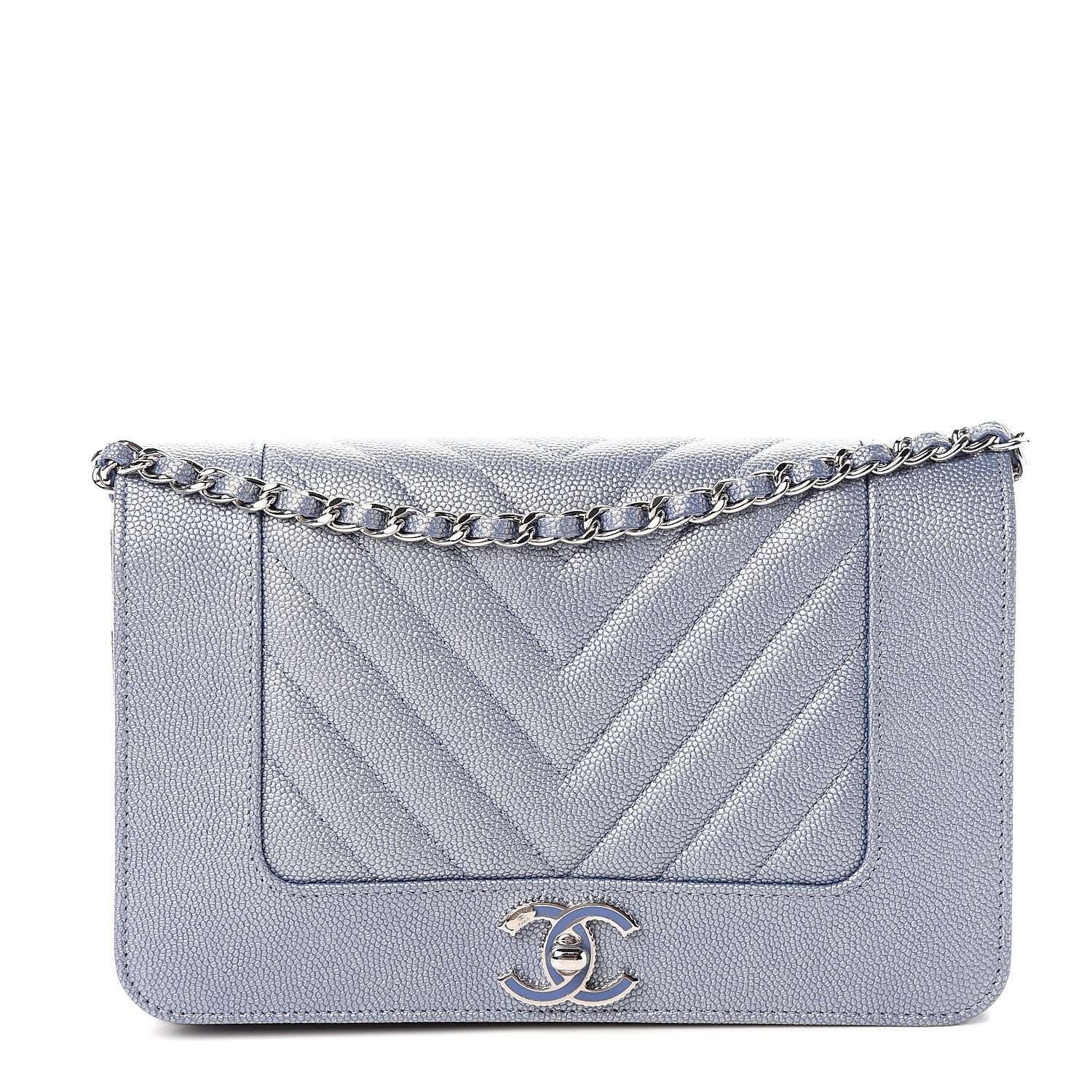 Chanel Metallic Caviar Chevron Quilted Vintage Mademoiselle Wallet On Chain WOC Blue 1 of 11