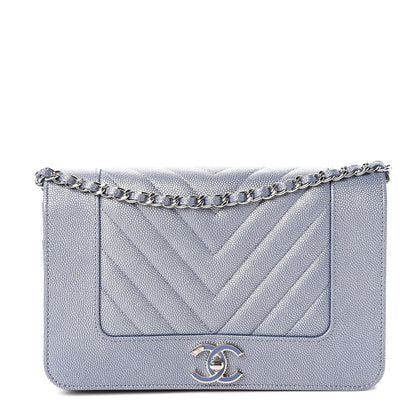Chanel Metallic Caviar Chevron Quilted Vintage Mademoiselle Wallet On Chain WOC Blue 1 of 11