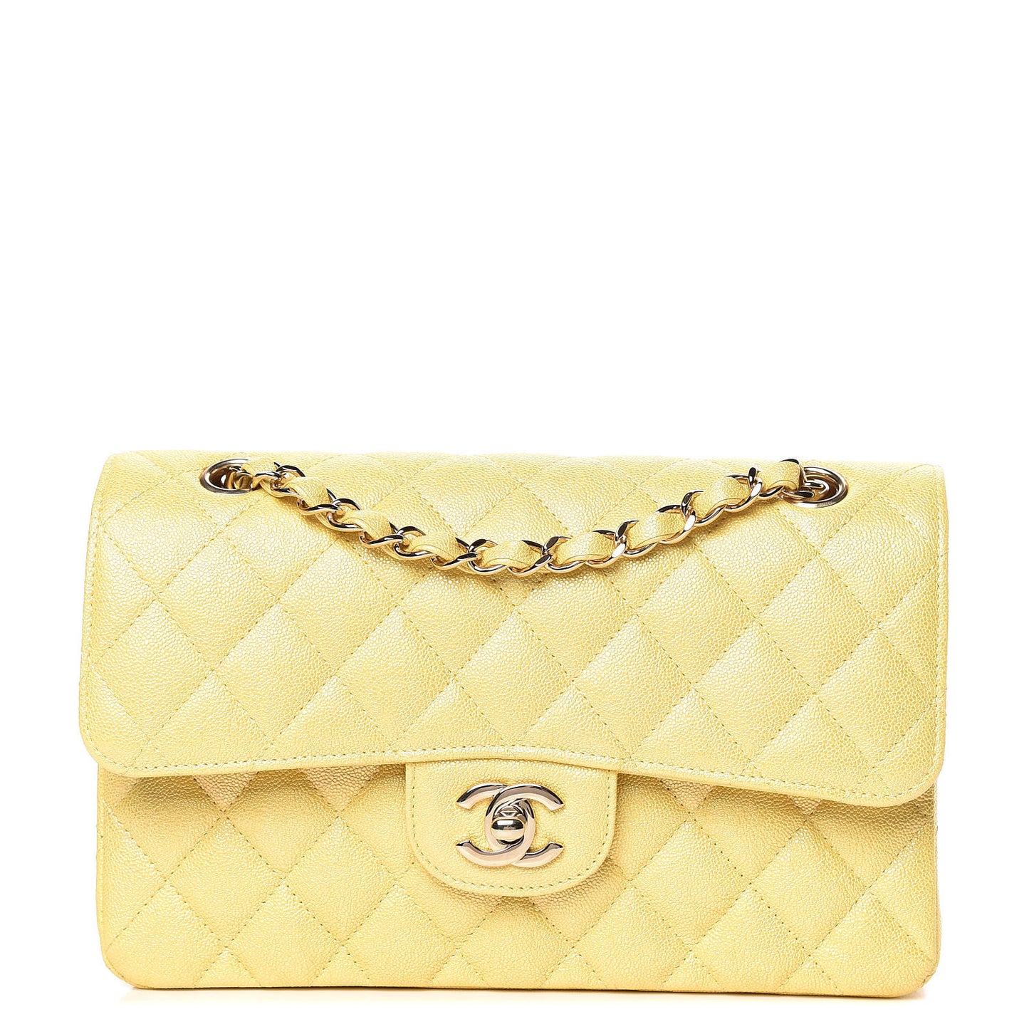 Iridescent Caviar Quilted Small Double Flap Yellow