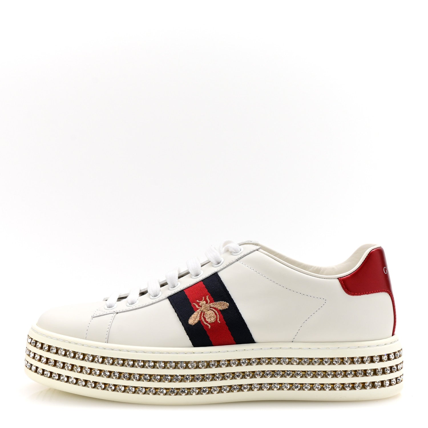 Gucci Calfskin Crystal Web Bee Embroidered Womens Ace Platform Sneakers 37.5 White 1 of 9