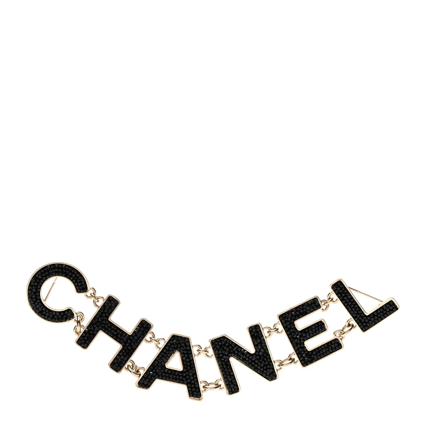 Crystal Cha-Nel Logo Brooch Black Gold