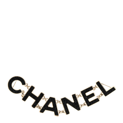 Chanel Crystal Cha-Nel Logo Brooch Black Gold 1 of 4