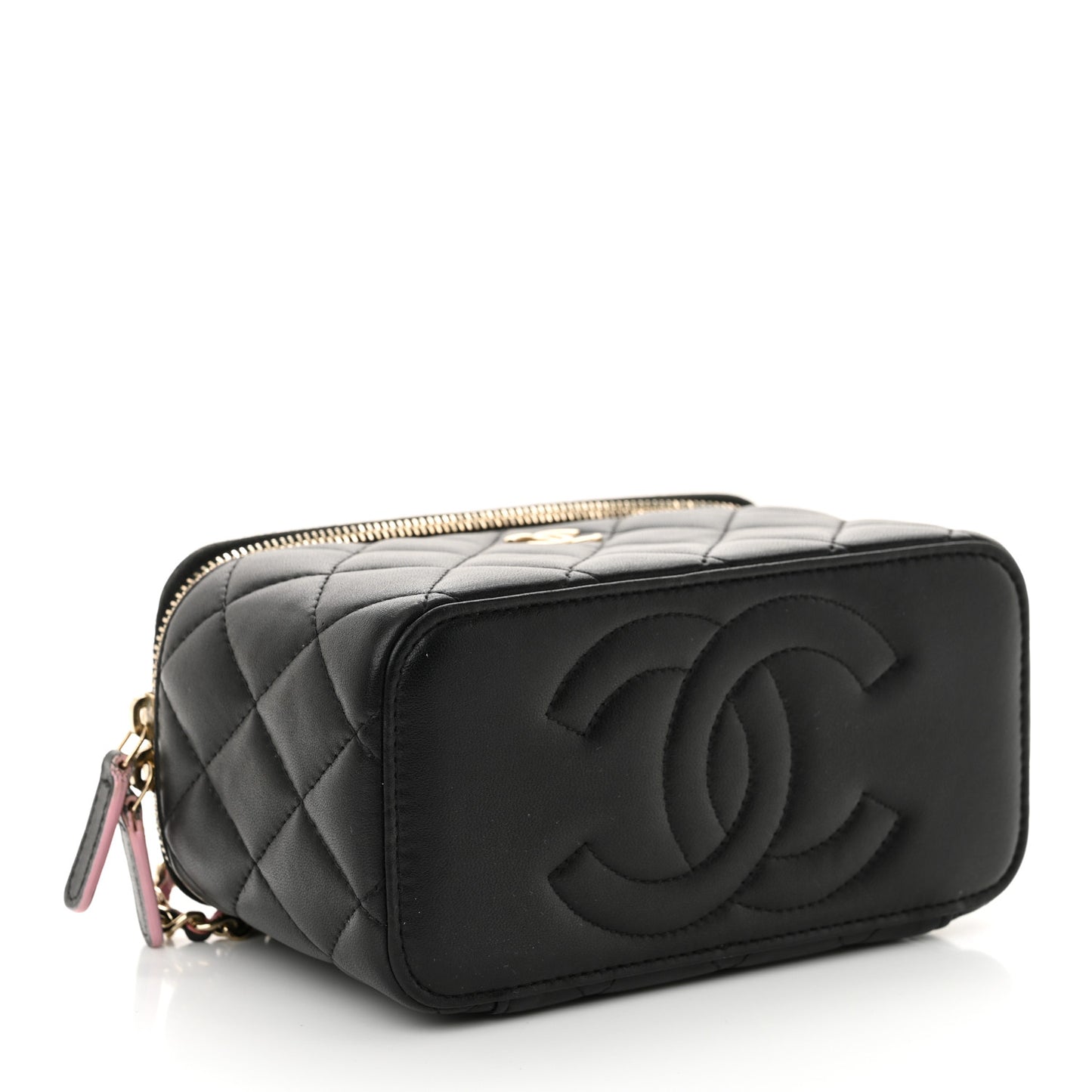 Lambskin Quilted Small Top Handle Vanity Case With Chain Black Lilac