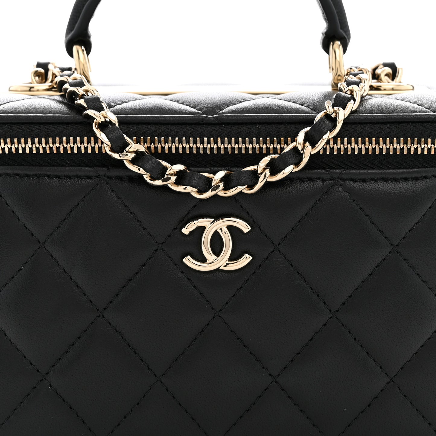 Lambskin Quilted Trendy Small Top Handle Vanity Case With Chain Black