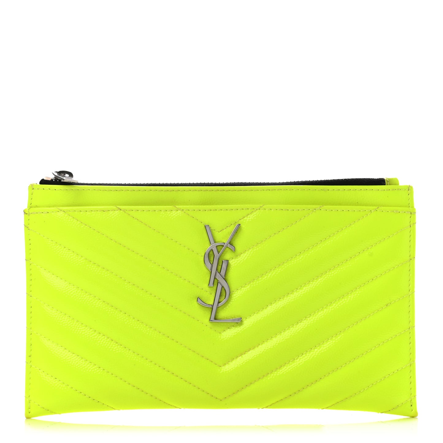 Patent Grain De Poudre Matelasse Chevron Monogram Bill Pouch Neon Yellow