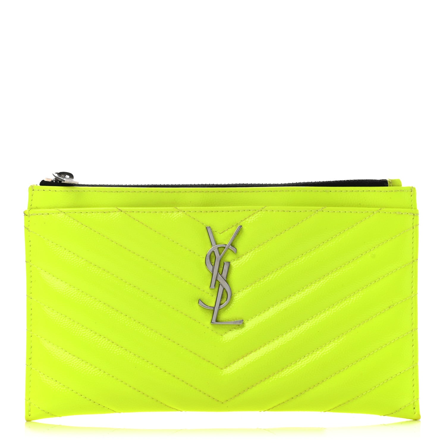 Saint Laurent Patent Grain De Poudre Matelasse Chevron Monogram Bill Pouch Neon Yellow 2 of 14