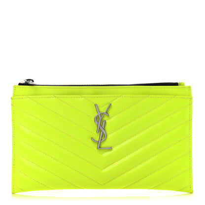 Saint Laurent Patent Grain De Poudre Matelasse Chevron Monogram Bill Pouch Neon Yellow 2 of 14