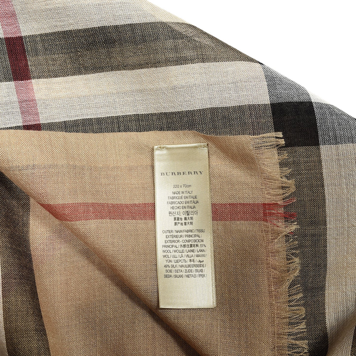 Wool Silk Gauze Giant Check Lightweight Scarf Camel