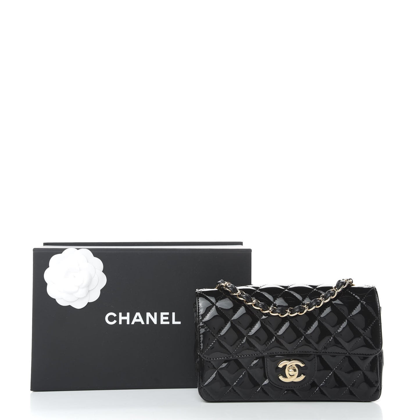 Patent Calfskin Quilted Mini Rectangular Flap Black