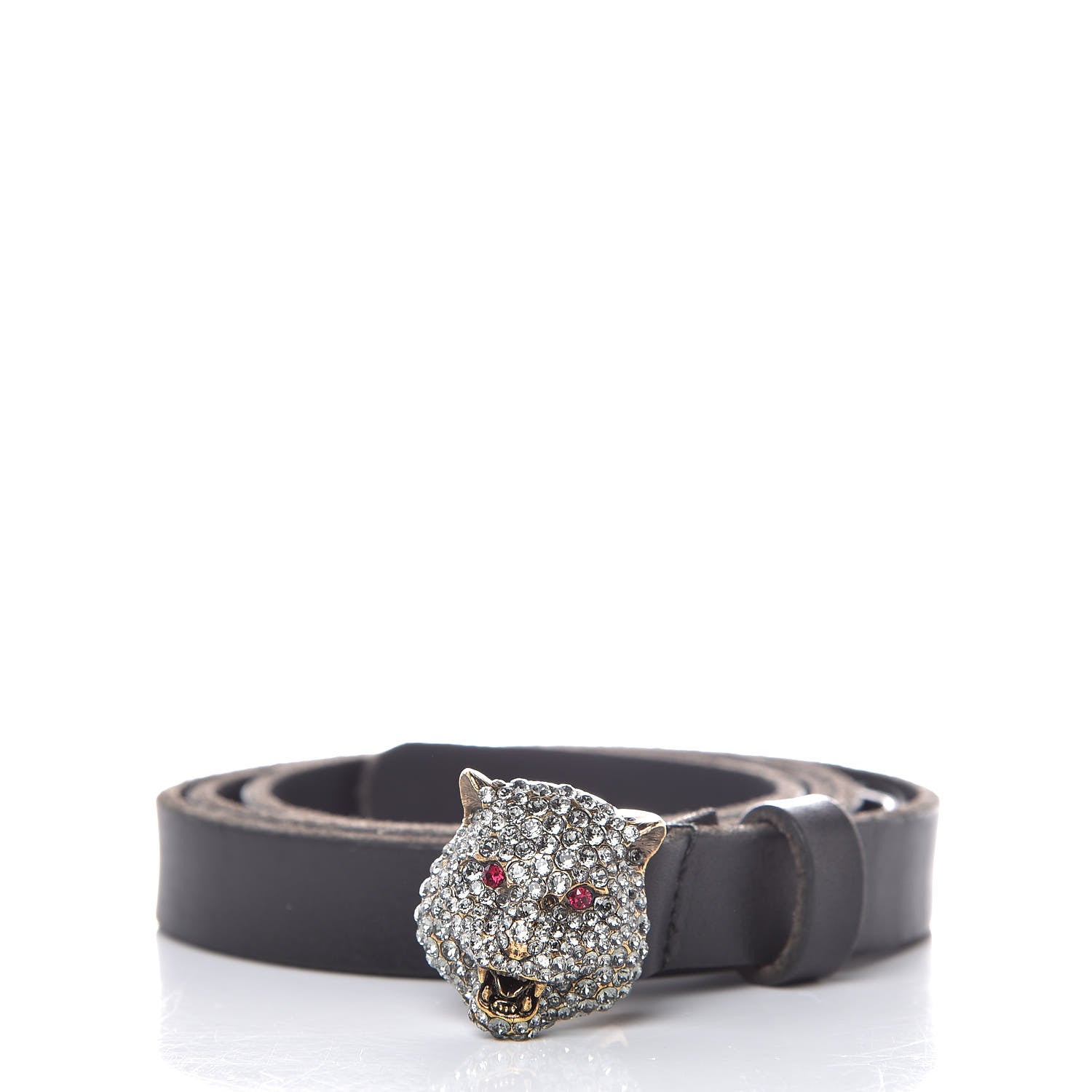 Gucci Calfskin Crystal Feline 20mm Belt 85 34 Black 1 of 8