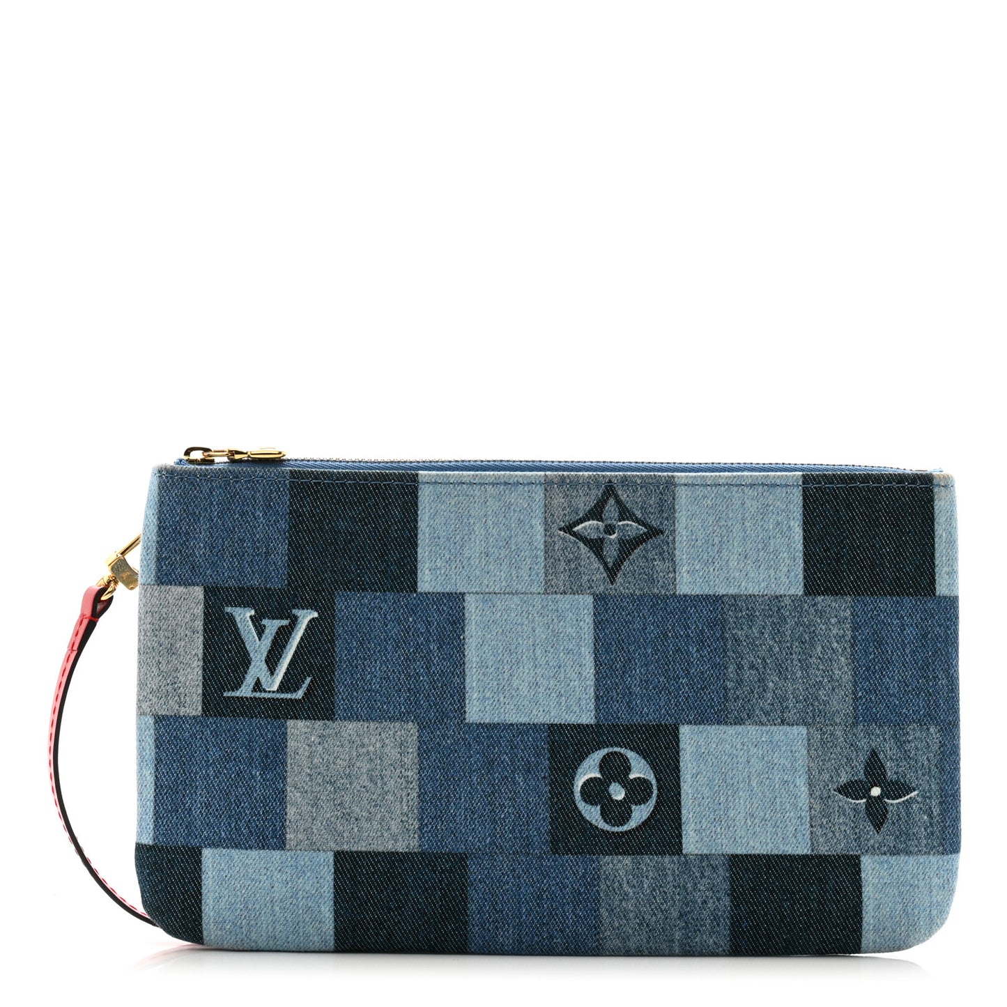 Denim Damier Monogram Patchwork Neverfull MM Pochette Blue Rouge