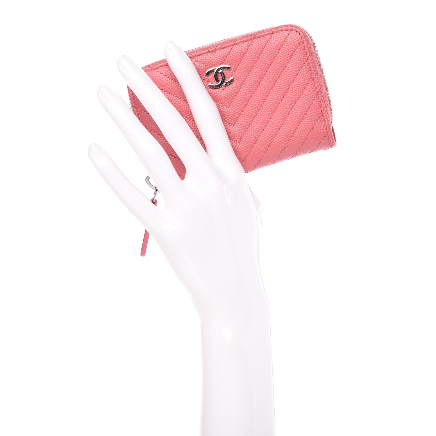 Chanel Caviar Chevron Quilted Zip Around Coin Purse Pink 2 of 9