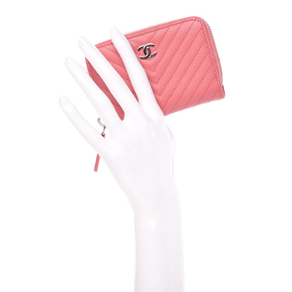 Chanel Caviar Chevron Quilted Zip Around Coin Purse Pink 2 of 9
