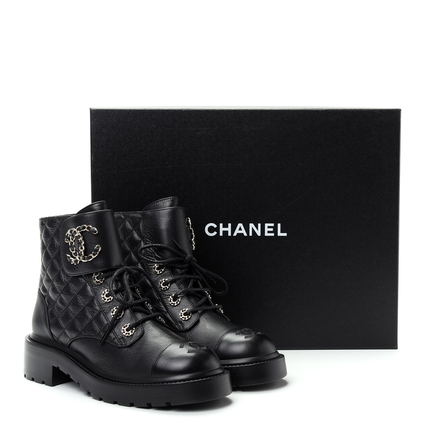 Chanel Shiny Goatskin Calfskin Quilted Lace Up Combat Boots 37 Black 11 of 11