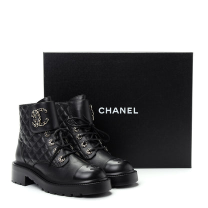 Chanel Shiny Goatskin Calfskin Quilted Lace Up Combat Boots 37 Black 11 of 11