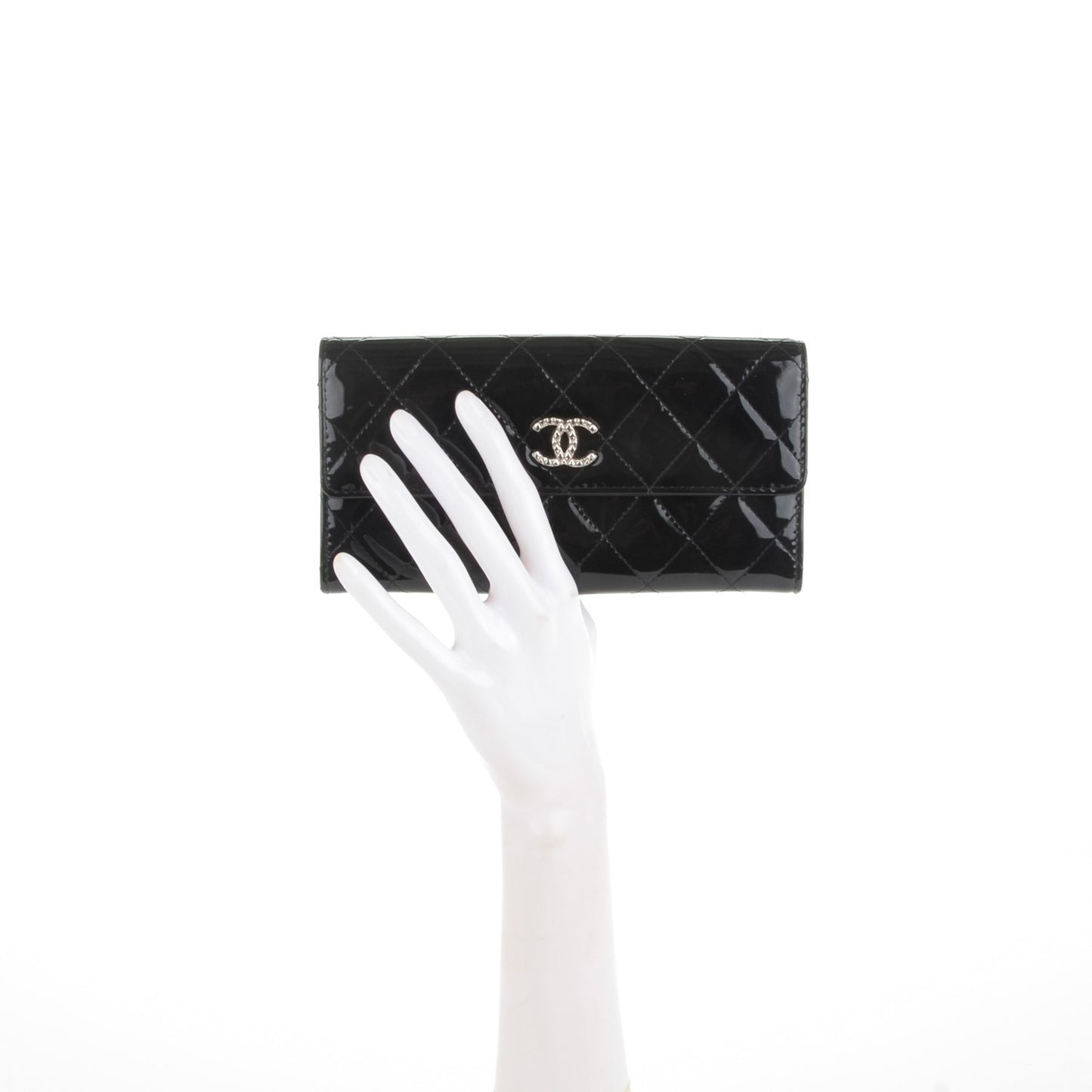 Patent Quilted Large Brilliant Flap Wallet Black