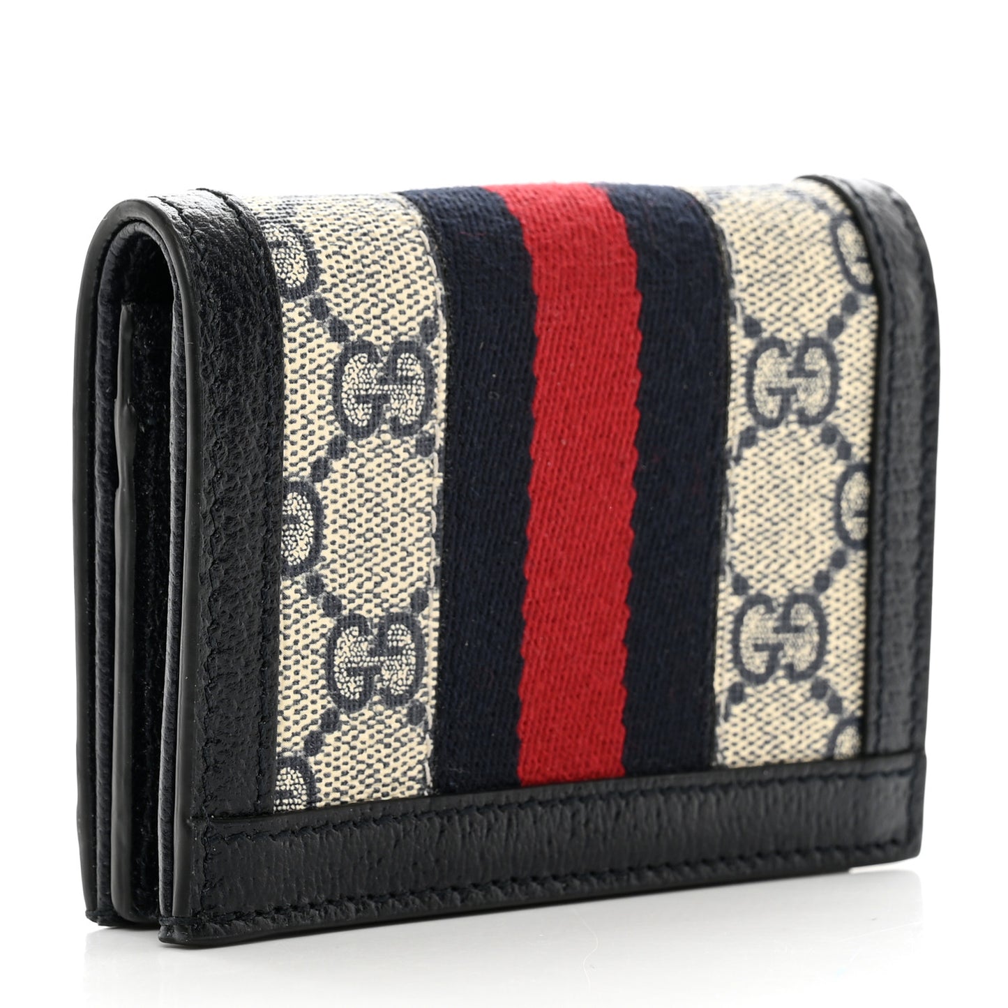 GG Supreme Monogram Textured Dollar Calfskin Web Ophidia Card Case Beige Blue