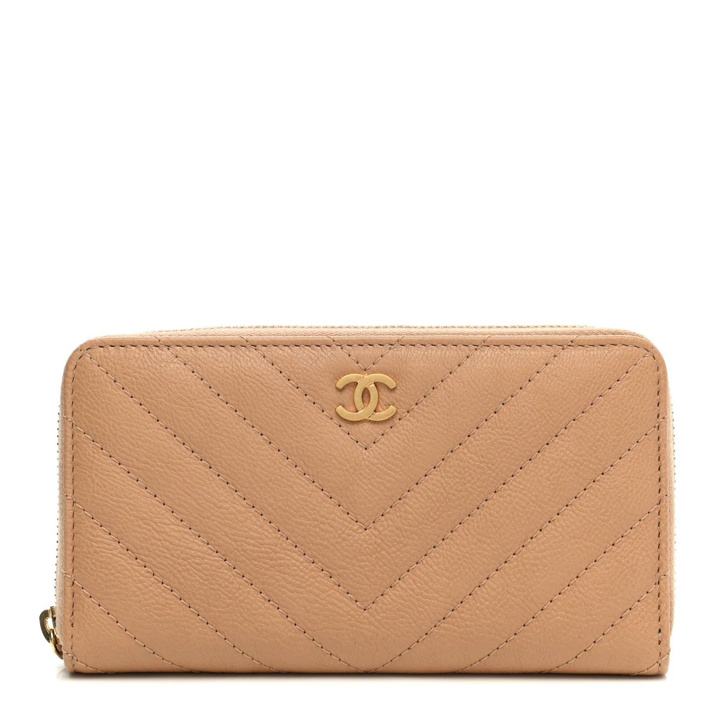 Glazed Lambskin Chevron Quilted Zip Around Wallet Beige
