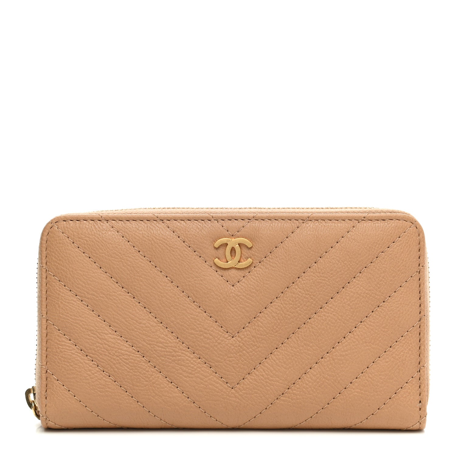 Chanel Glazed Lambskin Chevron Quilted Zip Around Wallet Beige 1 of 10