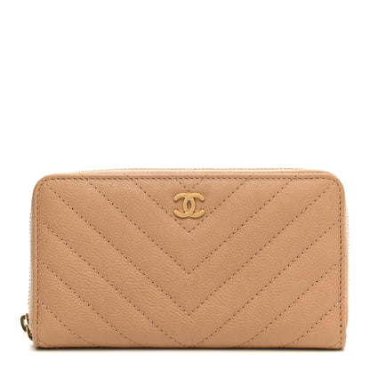 Chanel Glazed Lambskin Chevron Quilted Zip Around Wallet Beige 1 of 10