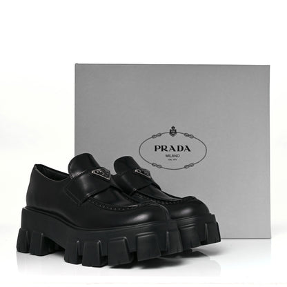 Prada Spazzolato Rois Metal Triangle Logo Monolith 55mm Loafers 38 Black 10 of 10