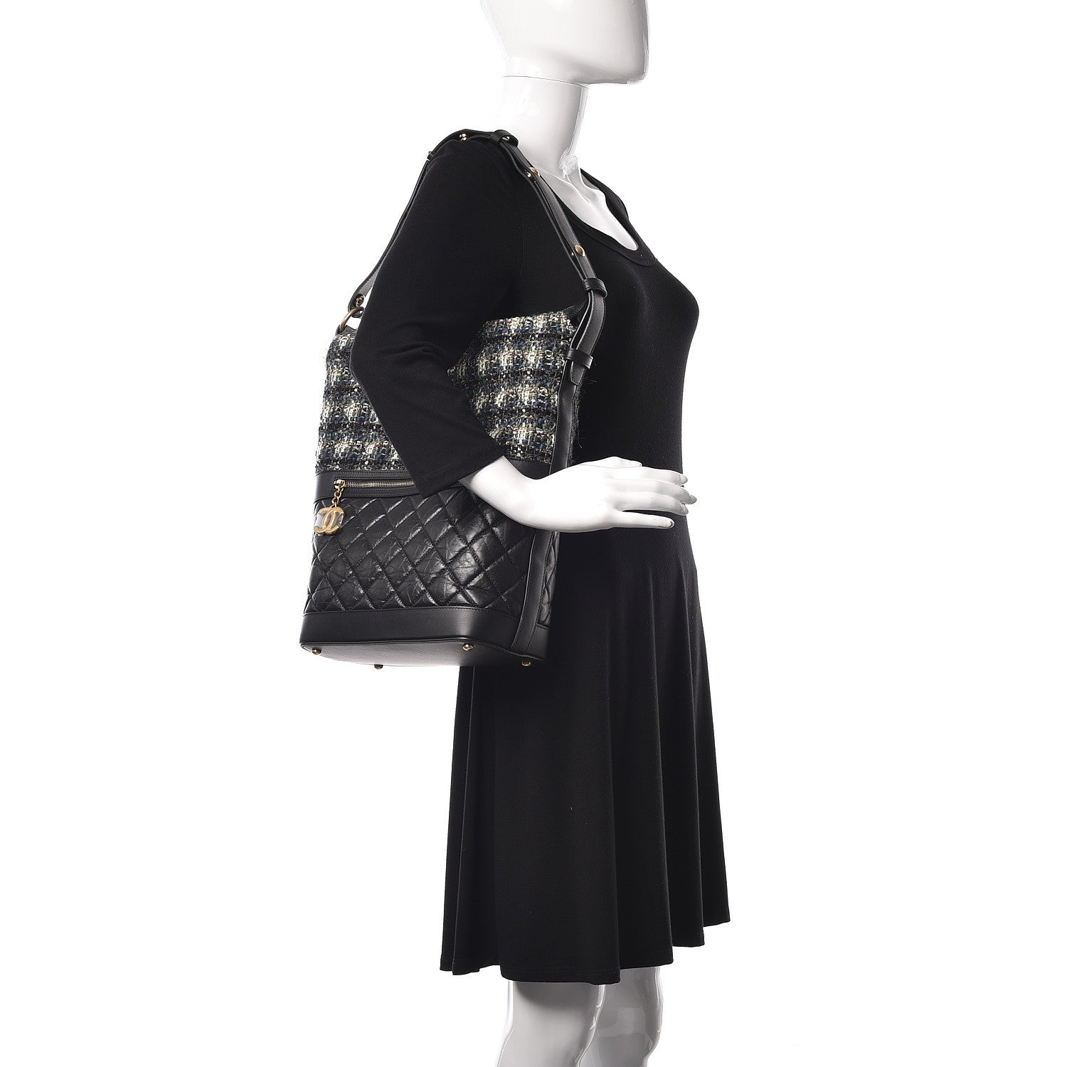 Chanel Tweed Aged Calfskin Quilted Casual Style Hobo Black 2 of 11
