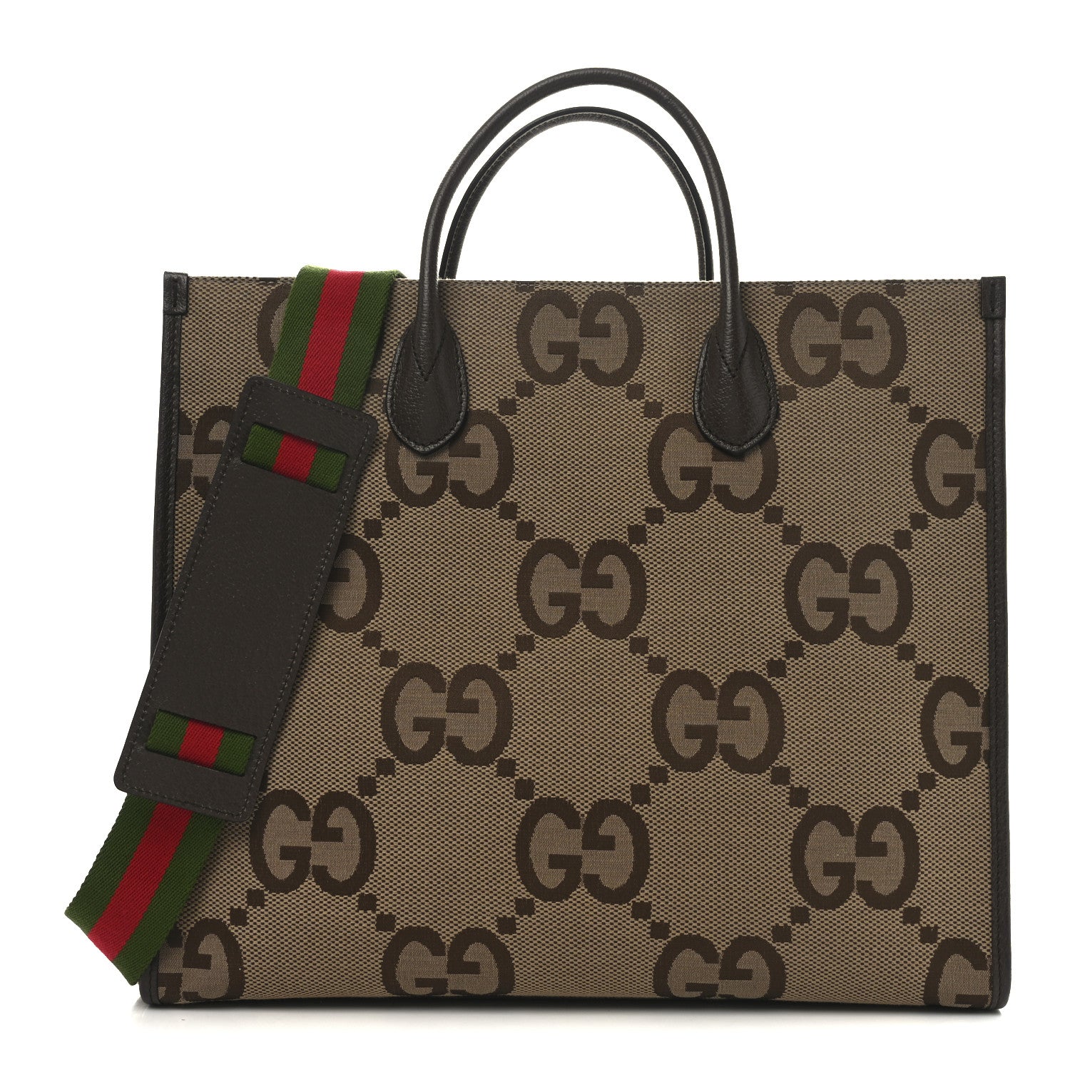 Gucci Monogram Jumbo GG Textured Dollar Calfskin Web Tote Bag Camel Ebony New Acero 1 of 10