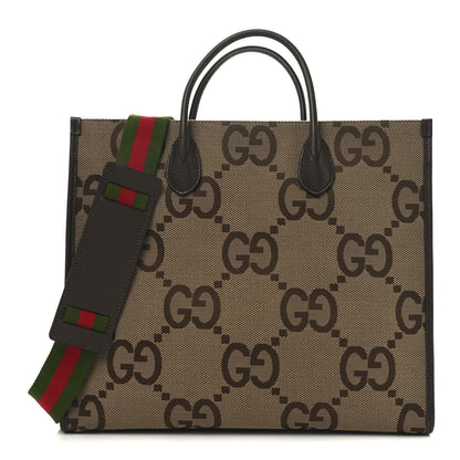 Gucci Monogram Jumbo GG Textured Dollar Calfskin Web Tote Bag Camel Ebony New Acero 1 of 10