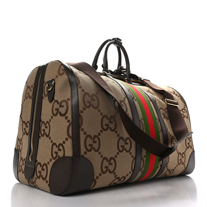 Gucci Monogram Jumbo GG Textured Dollar Calfskin Web Maxi Duffle Bag Camel Ebony 2 of 10