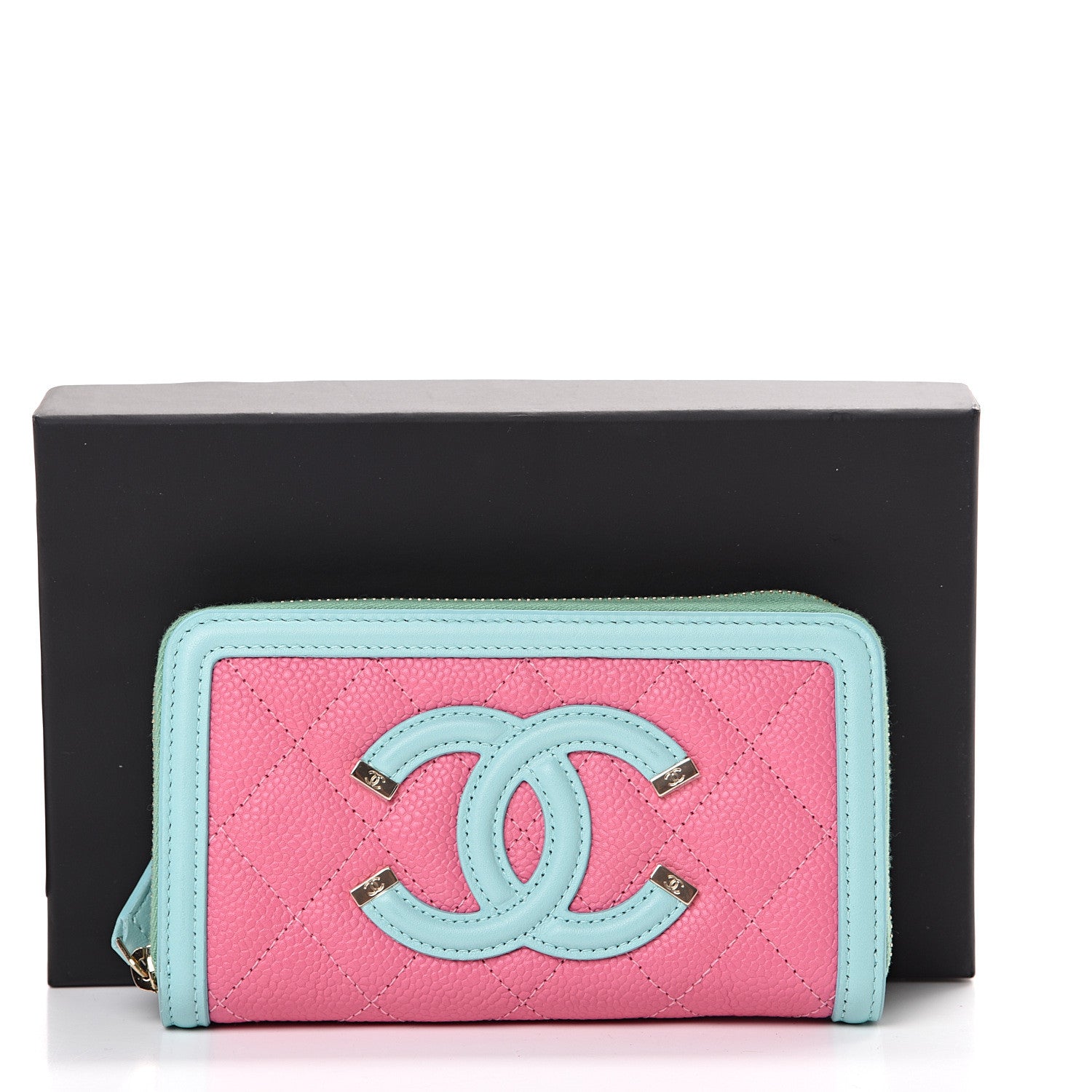 Chanel Caviar Quilted Medium Filigree Zip Around Wallet Pink Blue Green 8 of 8