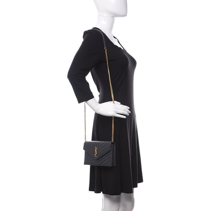 Saint Laurent Grain De Poudre Matelasse Chevron Monogram Envelope Chain Wallet Dark Smog 2 of 11