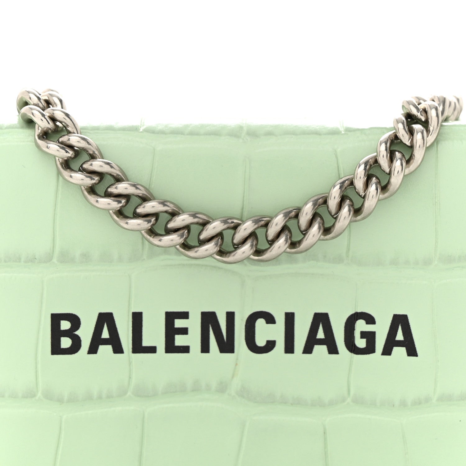 Balenciaga Shiny Calfskin Logo Crocodile Embossed Logo Mini Cash Wallet On Chain Light Green Black 10 of 14