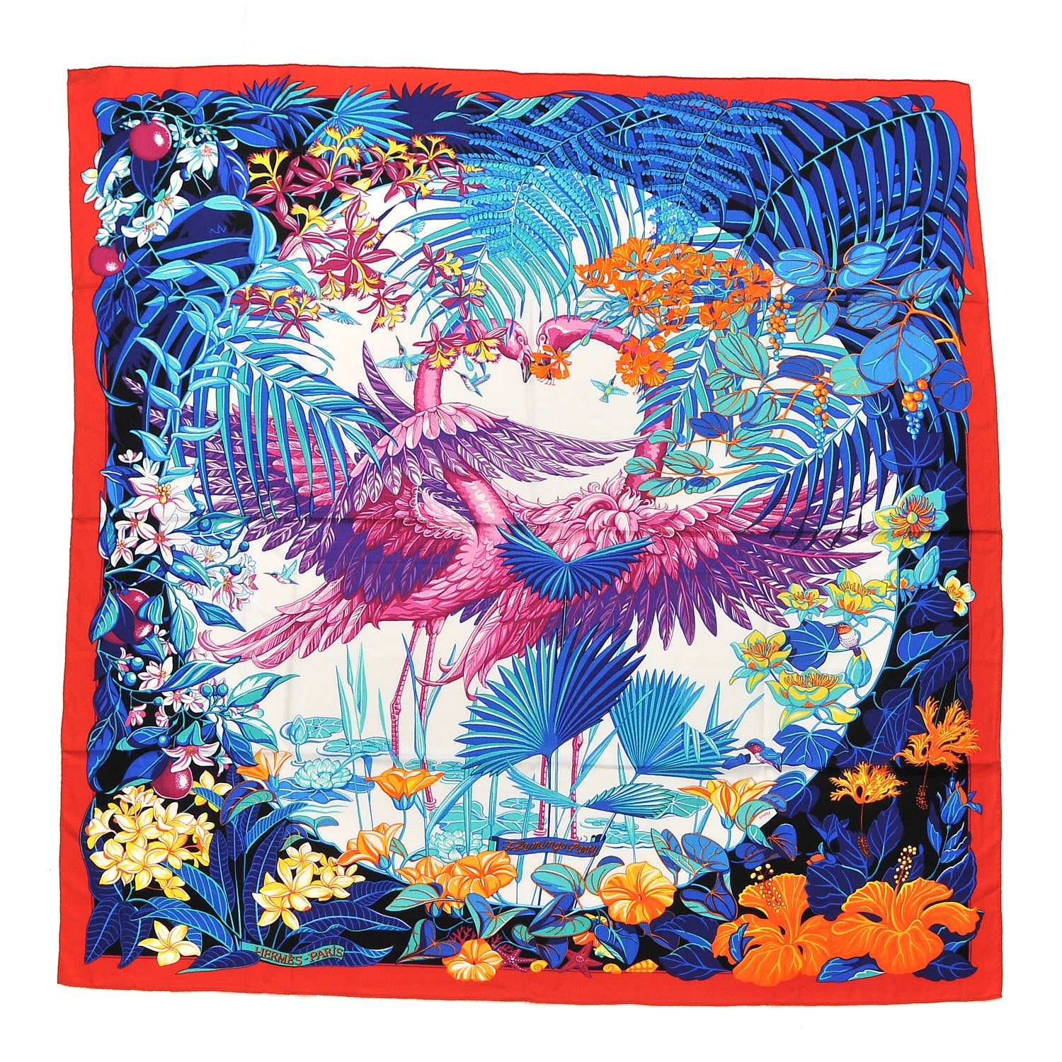 Hermes Cashmere Silk Flamingo Party Shawl 140 Rouge Vif Blanc Bleu 1 of 7