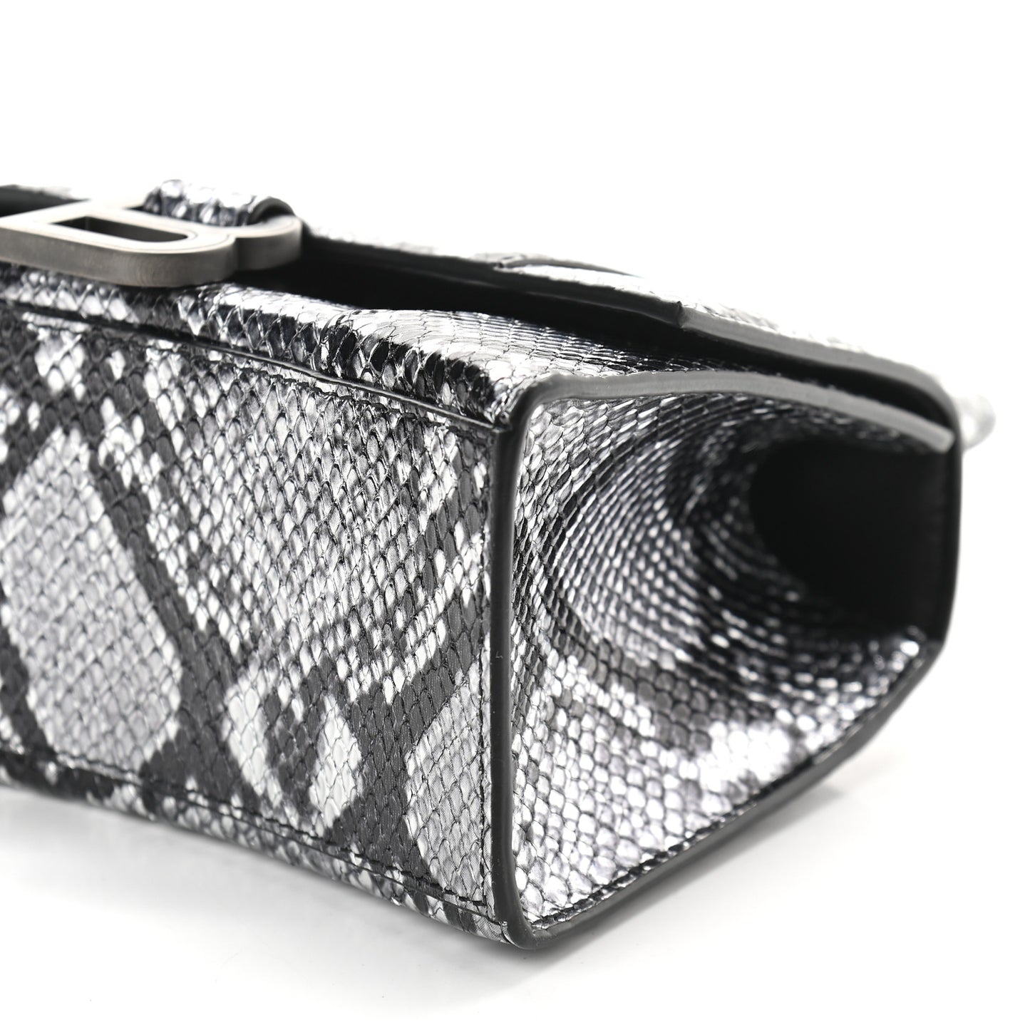 Shiny Calfskin Snakeskin Embossed Hourglass Top Handle Bag XS Silver Black