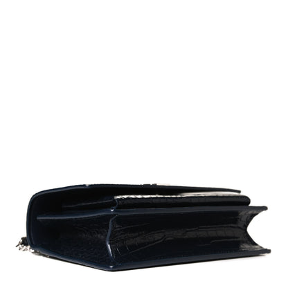 Saint Laurent Calfskin Crocodile Embossed Monogram Sunset Chain Wallet Navy 5 of 12