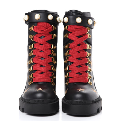 Gucci Calfskin Bee Star Embroidered Lace Up Combat Ankle Boots 37 Black 2 of 8