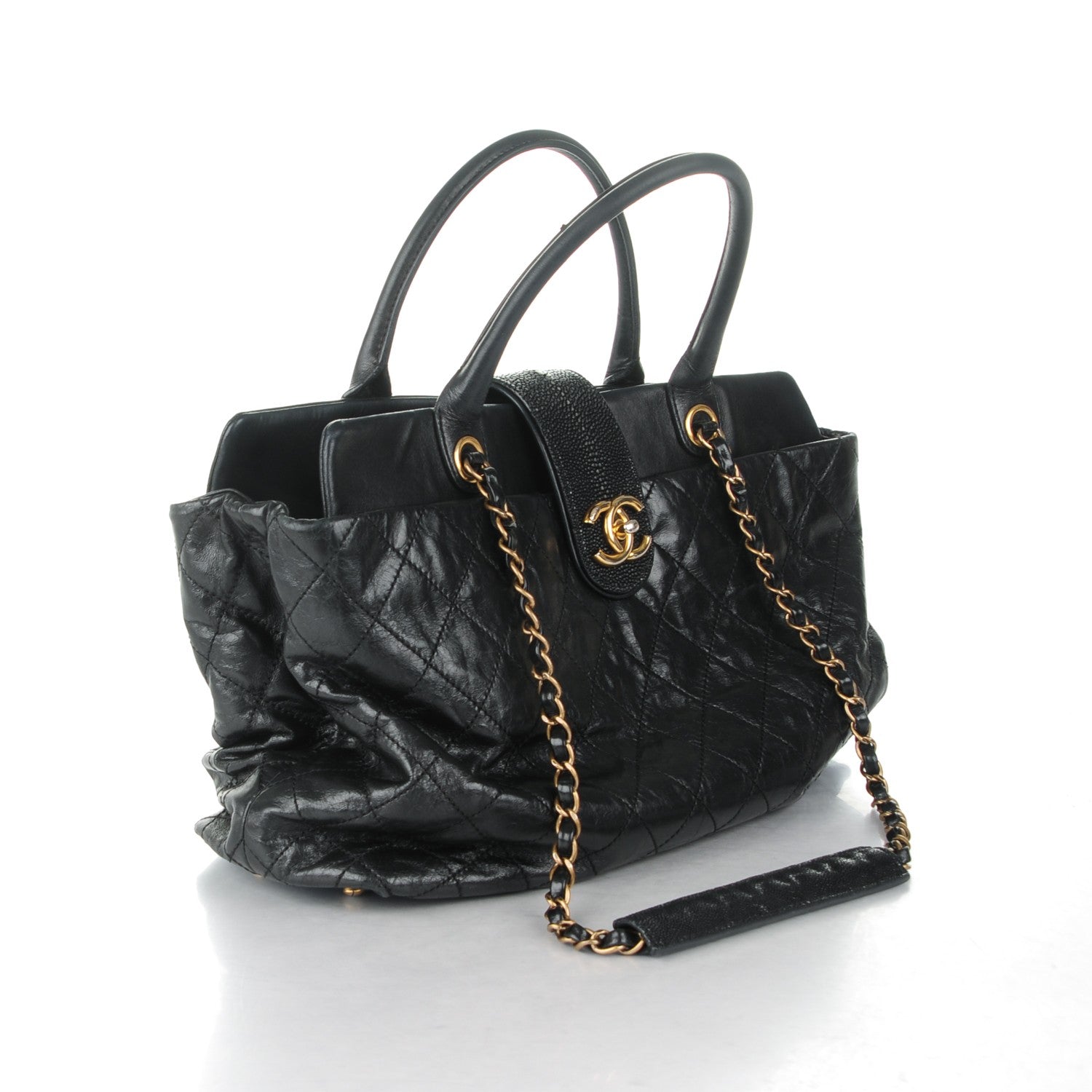 Chanel Glazed Calfskin Stingray Large Bindi CC Tote Black 10 of 12