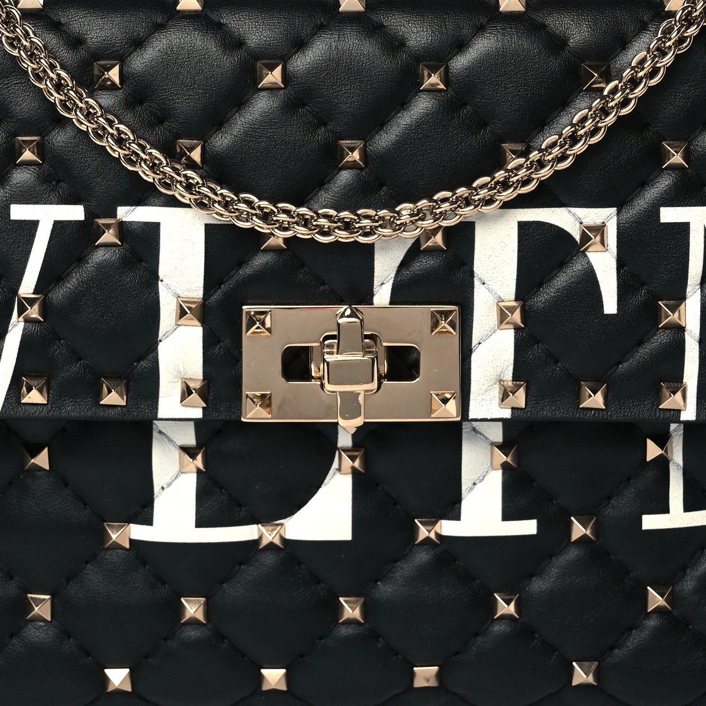 Lambskin VLTN Print Medium Rockstud Spike Shoulder Bag Black